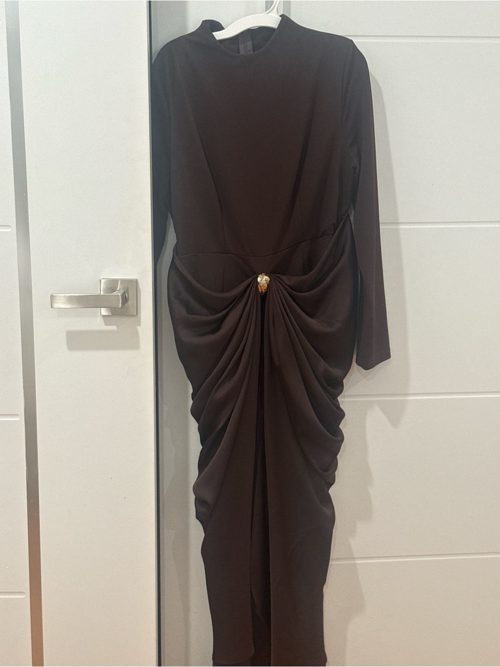Elegant Long Sleeve Brown Draped Midi Dress